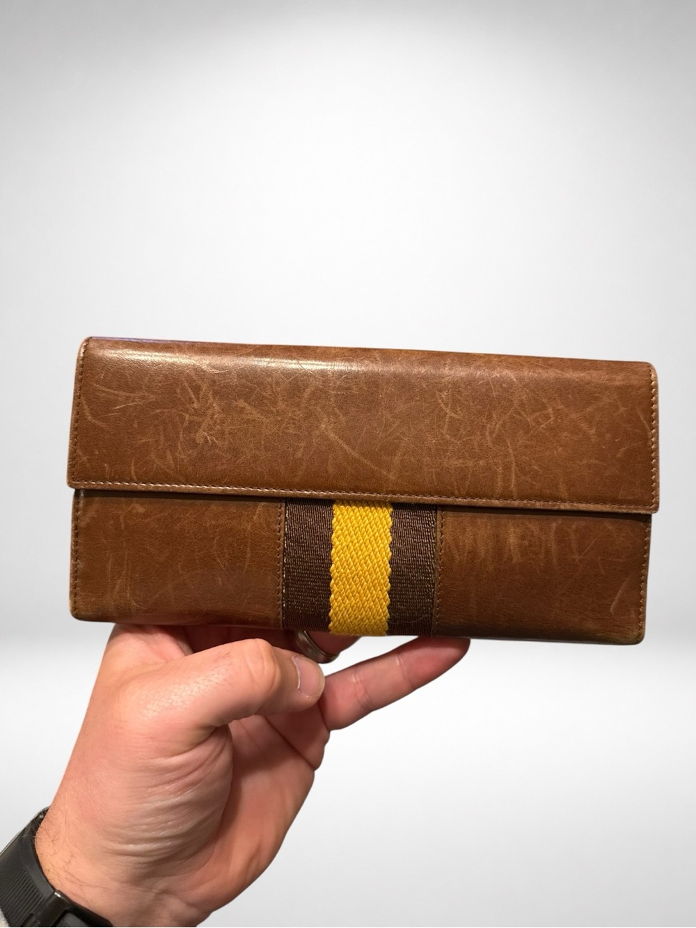 Gucci Vintage Authentic Brown Leather Web Stripe Wallet Chain Crossbody Clutch - Picture 10 of 16